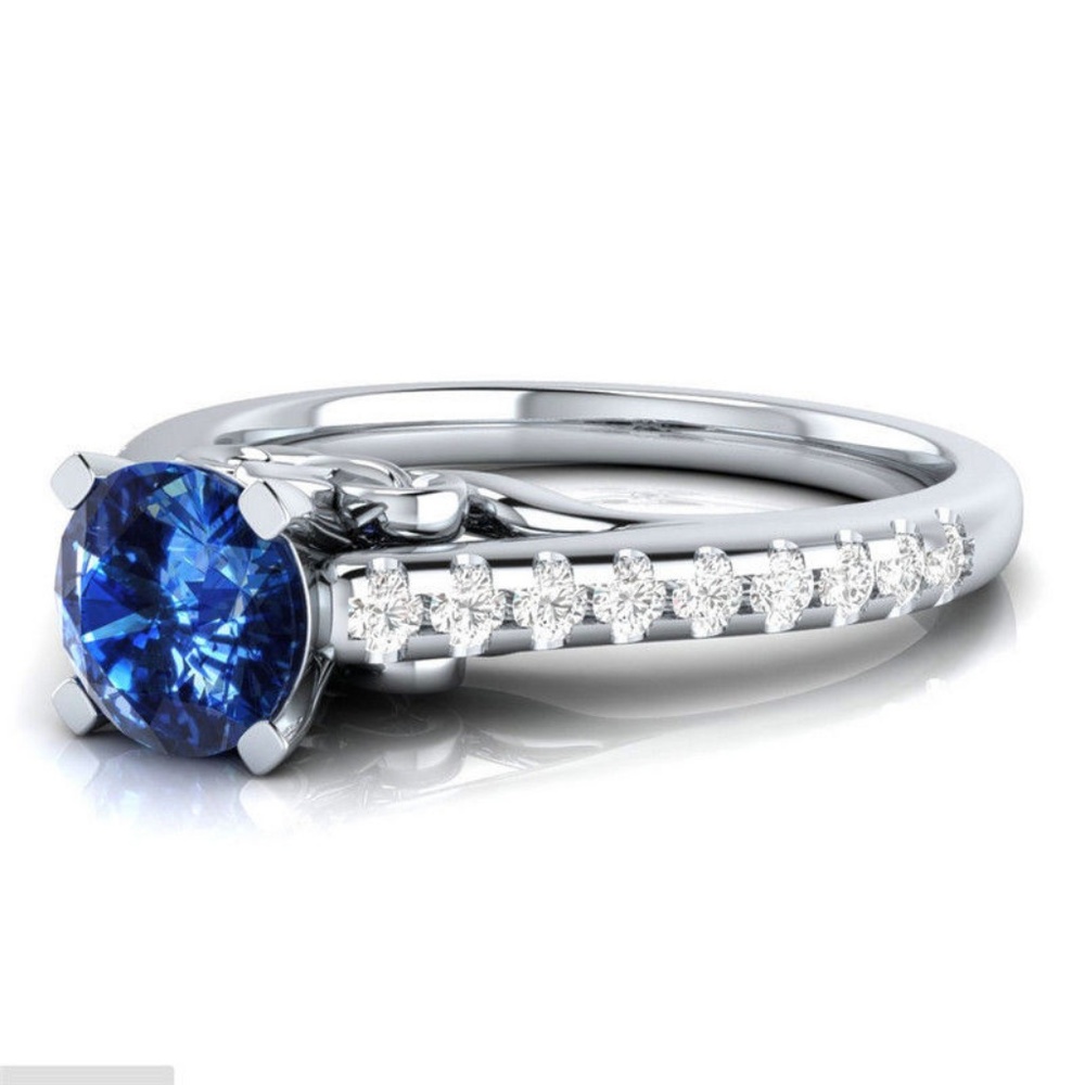 925 Silver Ring Round Cut Blue Sapphire New - Picture 3 of 4